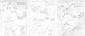 hand sketches showing the beginning of the illustration process